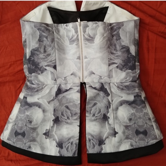 Floral Black and White Peplum Strapless Top - Picture 2 of 3